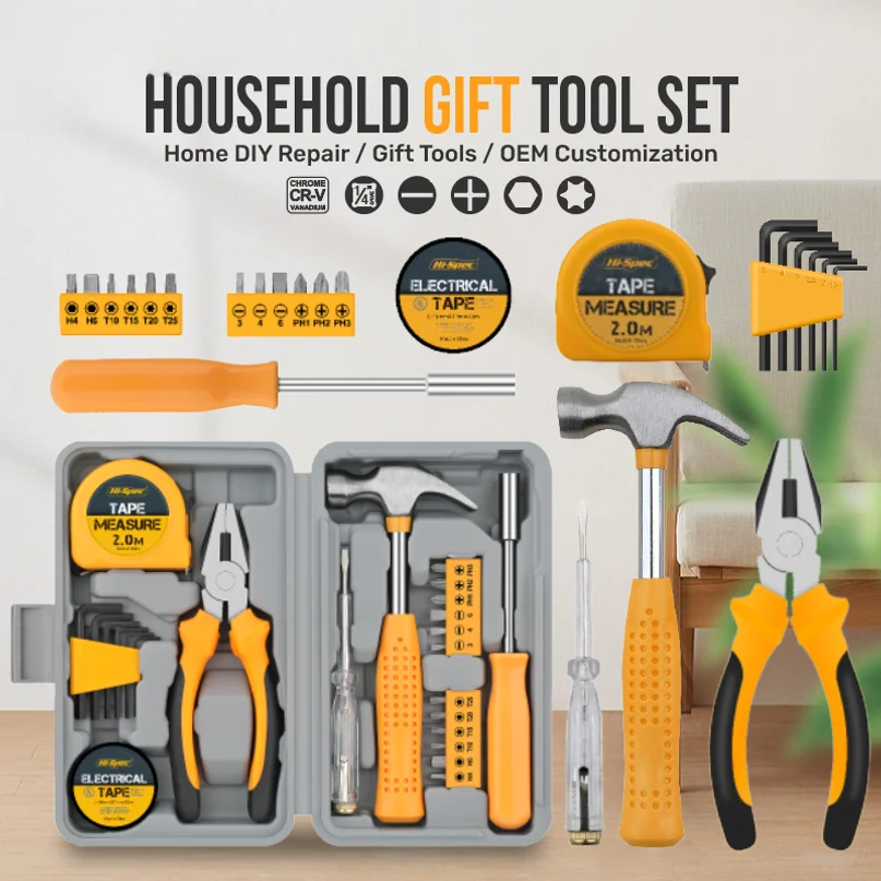 Hi-Spec 24-Piece Compact Home & Office Yellow DIY Hand Tool Kit Set for Household Improvement Repairs Wire Cutter