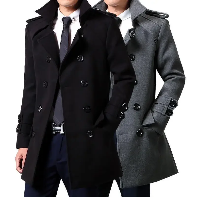 Winter Woolen Double-breasted Trench Coat For Men Medium-length Slimming Overcoat British Style