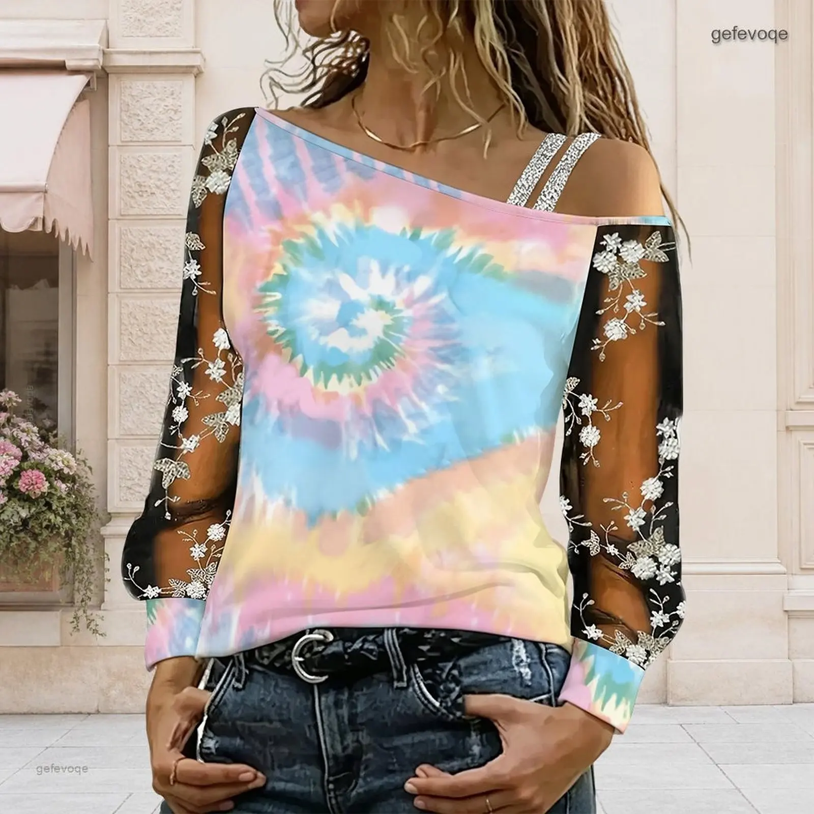 Women Off Shoulder Blouse Asymmetric One Shoulder Top Lace Floral Mesh Long Sleeve Sling Detail Loose Casual T Shirt