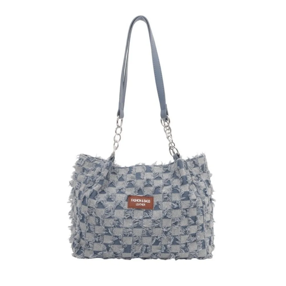 

Trendy Vintage Denim Shoulder Bags Plaid Beggar Style Women's Tote Bag Jeans Versatile Commuting Bags Girls