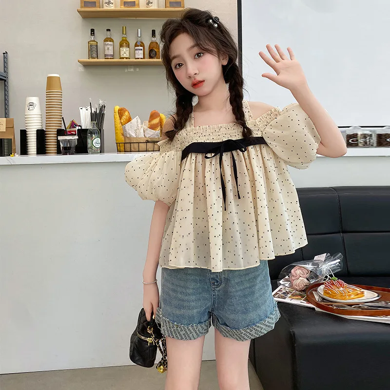 

Girls Short Sleeve Summer 2024 New Korean Polka Dot Bow Holiday Style Bubble Sleeve Top Simple Casual Style All-match T-shirt