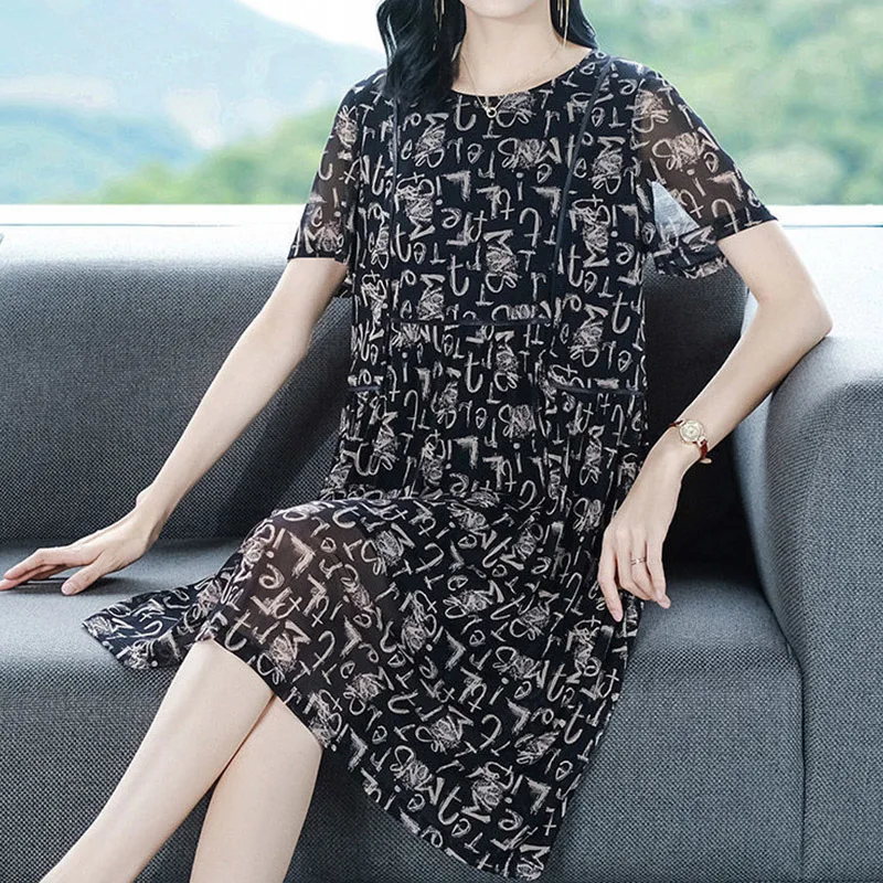 Elegant Fashion Casual Printed Gauze Dresses Summer 2023 New Streetwear Short Sleeve O-Neck Pullover Midi Dress Women\'s Clothing