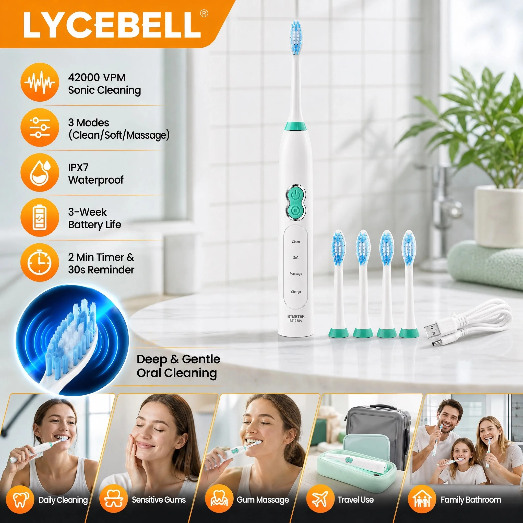 BTMETER 338A Sonic Toothbrush 3 Modes 42000rpm IPX7 Waterproof 5V USB Rechargeable 21-Day Battery for Sensitive Gums