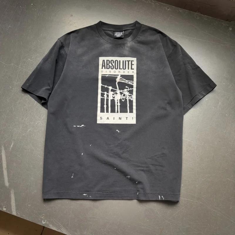 Vintage Charcoal Black ABSOLUTE DISORDER Washed Print Design Streetwear Men's & Women's T-Shirt