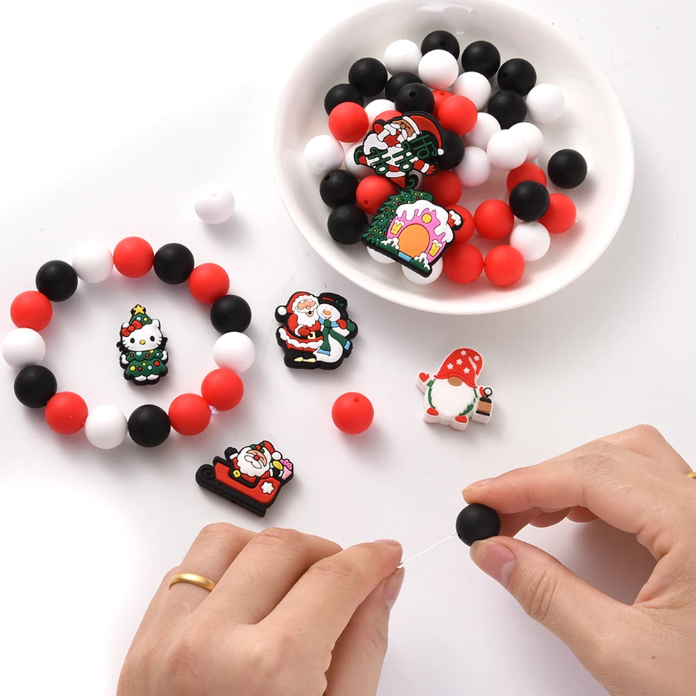 66Pcs New Round 15mm Silicone Beads Christmas Series Santa Kitty Spacer Beads For Jewelry Making DIY Jewelry Materia Accessories