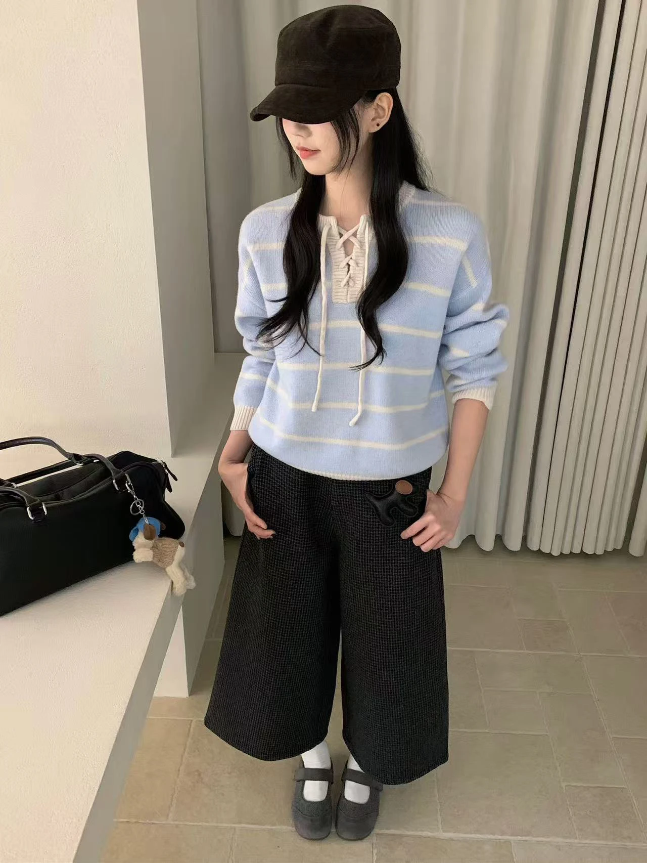 

Разноцветный полосатый вязаный свитер с завязками на горловине, свободный крой, длинный рукав, осенне-зимний, женский, модный, для повседневной носки