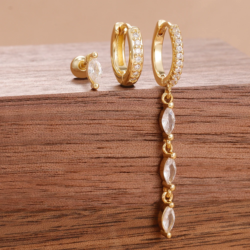 3 قطعة خمر الفولاذ المقاوم للصدأ شرابة هندسية قلادة طقم من الحلقان للنساء مطلية بالذهب الزركون الغضروف ثقب الأذن مجوهرات #5