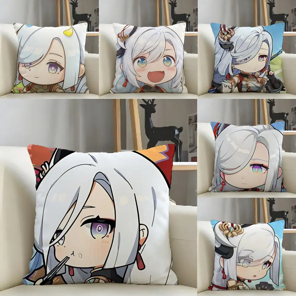 

Shenhe Cute Genshin Game Cushion Cover Natural Linen Organic Fabric Double-Sided Printing Breathable For Decor
