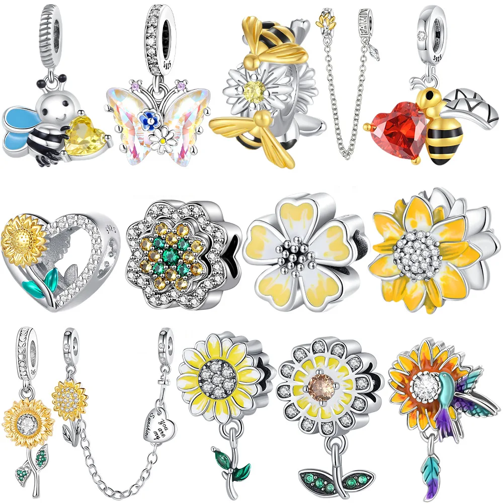 Silver 925 Sunflower  Pendant Charms Beads Fit Original Bracelets Bag Keychain Charms Beads Pendant Diy Women Jewelry Gift