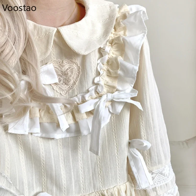 Victorian Vintage Lolita Style Blouses Women Sweet Butterfly Embroidery Bows Long Sleeve Shirt Japanese Female Harajuku Y2k Tops