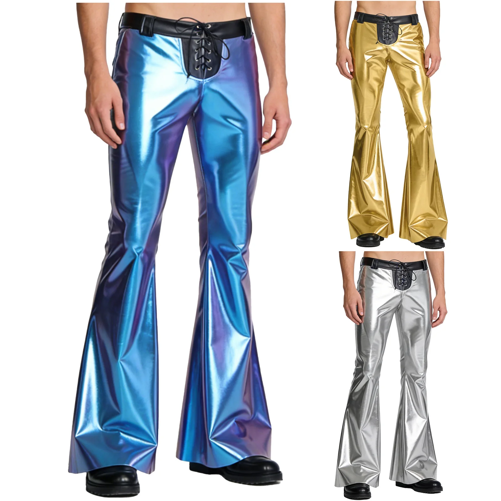 Mens Vintage Disco Dance Flared Pants 70s 80s Holographic Lace-up Waistband Bell Bottoms Color Block Trousers for Club Party