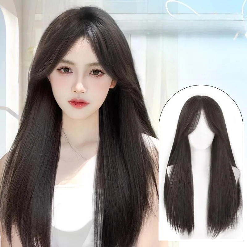 

Synthetic Wigs Women Full Head Long Black Straight Hair, Voluminous Realistic Human Hair Simulation Middle Parting Youthful Look