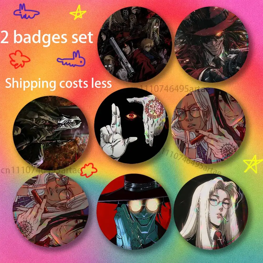 Brooches for Backpack Tote Bag Accessories 25,32,44,58,75mm Round Enamel H-Hellsing Pins 2-piece set Cartoon Anime Badge