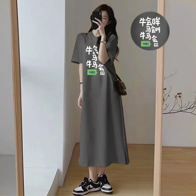 Women Casual Short Sleeve T Shirt Dress Funny Letter Print Loose Maxi Dress Side Split Oversized Summer Long Dress view 2