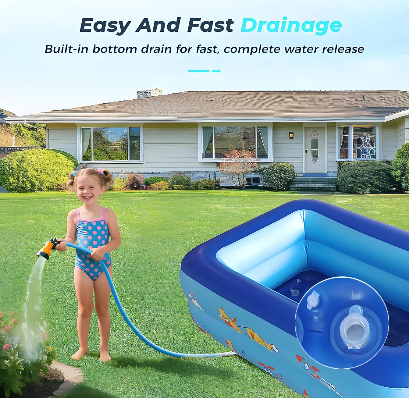 키즈 볼풀, 113cm PVC 풍선 수영장 만화 패턴 물놀이 풀 여름 야외 실내용, 블루