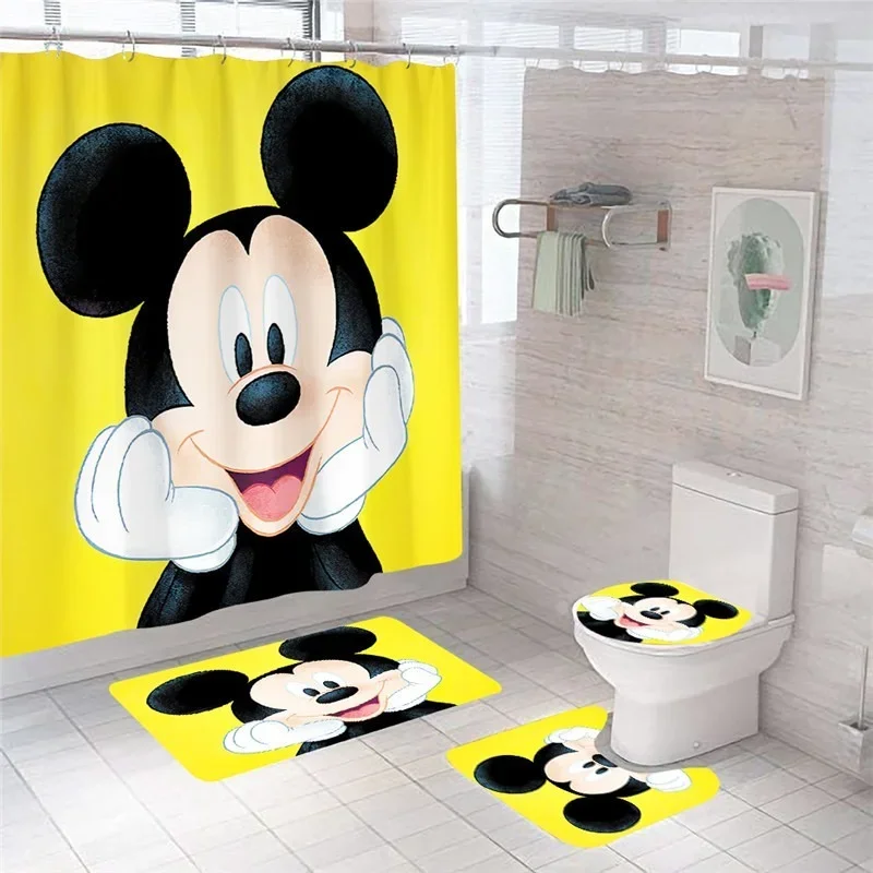 Disney Mickey Mouse Print Shower Curtain Carpet Black and White Toilet Cover Bath Mat Rug Pad Set Bathroom Curtain Hooks