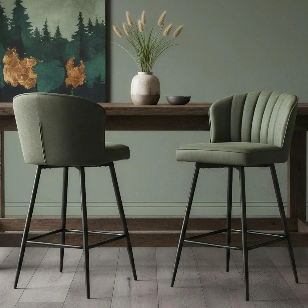 Green Leather Bar Stools Set of 2 Mid Century Modern Counter Stools 26 Inch Counter Height Stool Chairs Upholstered Kitchen Isla