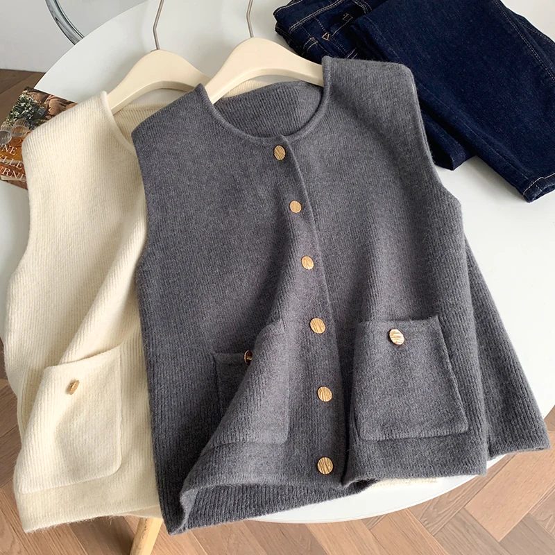 

Ele вязаный жилет, женская модная упрощенная верхняя одежда, многослойный топ, тонкий однотонный жилет с одной пуговицей