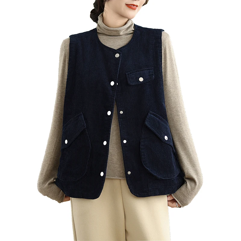 Gilet rétro en velours côtelé de coton pour femmes, ample, polyvalent, Patchwork, grand ket rond Ne Jaet, tendance, printemps automne