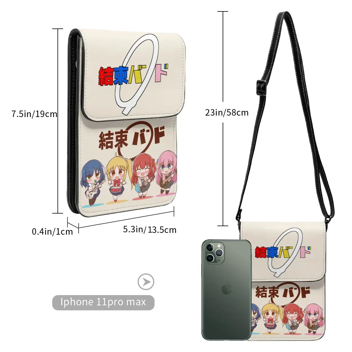 Bocchi The Rock! Chibi Gotou Hitori Leather Cell Phone Purse Stuff Fashionable Girl Crossbody Bag Card Holder Durable