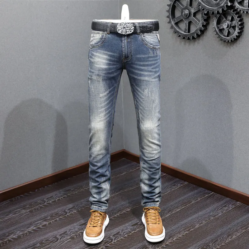 

Fashion Designer Men Jeans High Quality Retro Washed Blue Stretch Slim Fit Ripped Jeans Men Italian Style Denim Pants Hombre