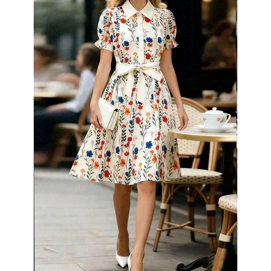 

【New style】Women's Floral Print Dress, Women's Collar Puff Sleeve Dress, Women's Waist Tie Dress