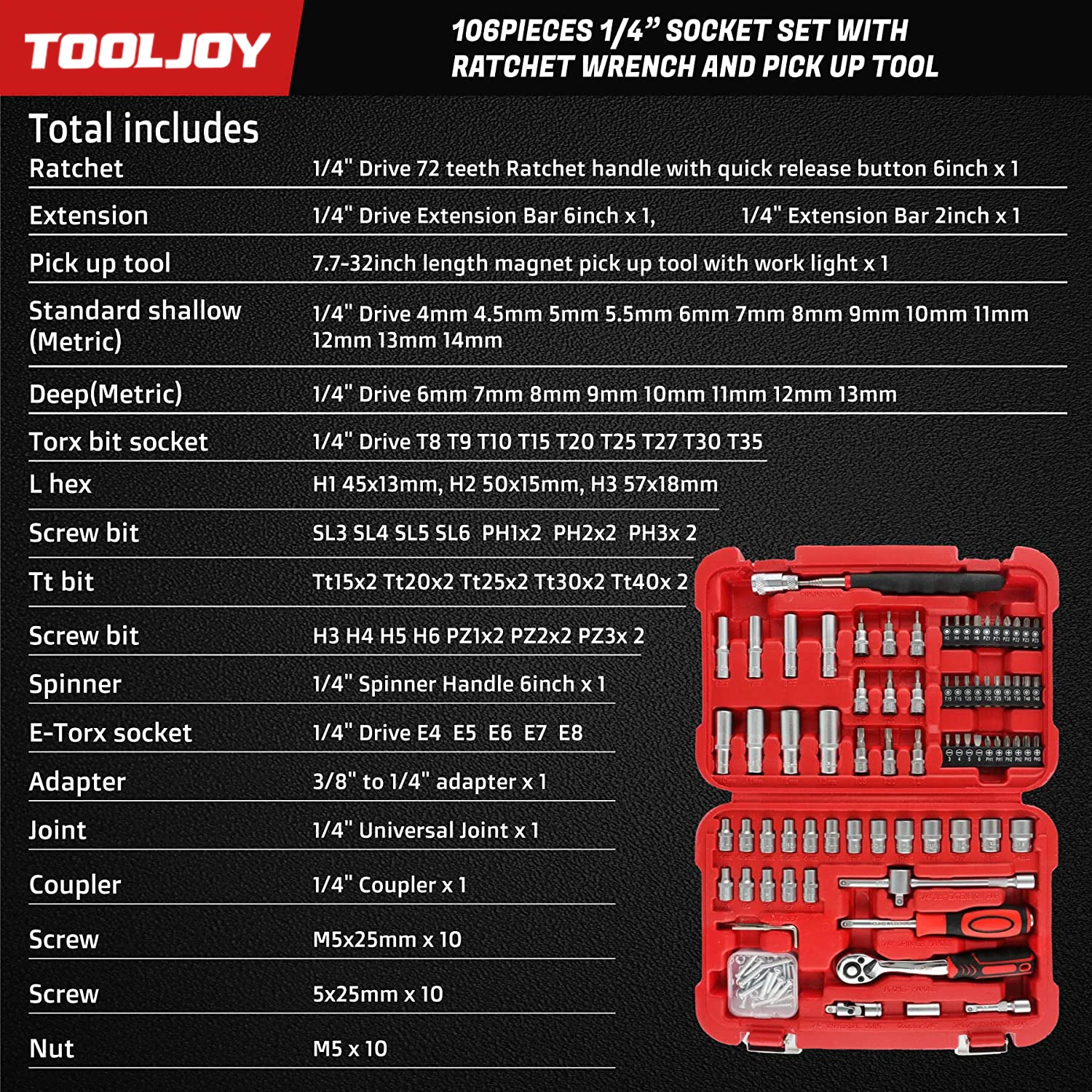 Suitable for106pcs Ratchet Torque Wrenches Hand Tools Socket Wrench Spanner Tools Box for Set Mechanic Screwdriver Tool Set