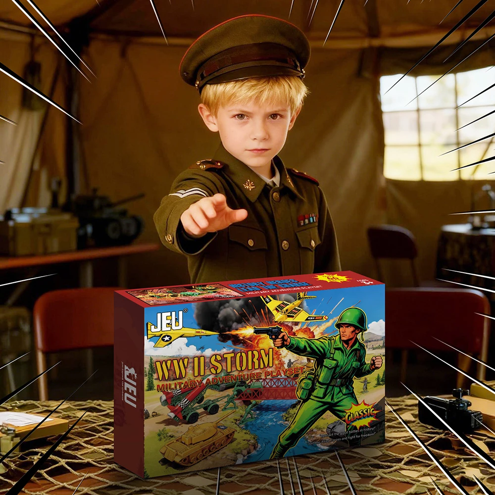 Zestaw do zabawy ViiKONDO Army Men, wojskowe przygody, plac bitewny z II wojny światowej, samolot, czołg, rakietnik, pojazd, figurka żołnierza, gra wojenna, kolorowe pudełko