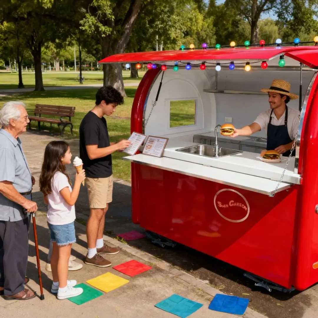 

Bright Red Outdoor Food Trailer Eye-Catching Beacon High-Saturation Exterior Warmth & Energy Customer Attraction