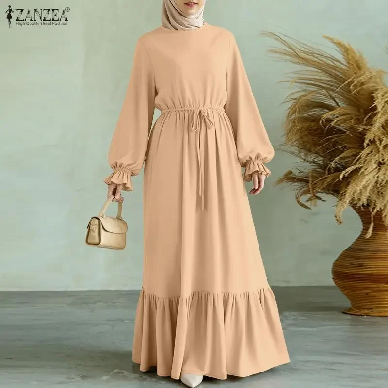 

ZANZEA 2026 Autumn Ruffled Hem Dresses Muslim Abaya Robe Femme Spring Long Sleeve Party Work Sundress Kaftan Ramadan Vestidos