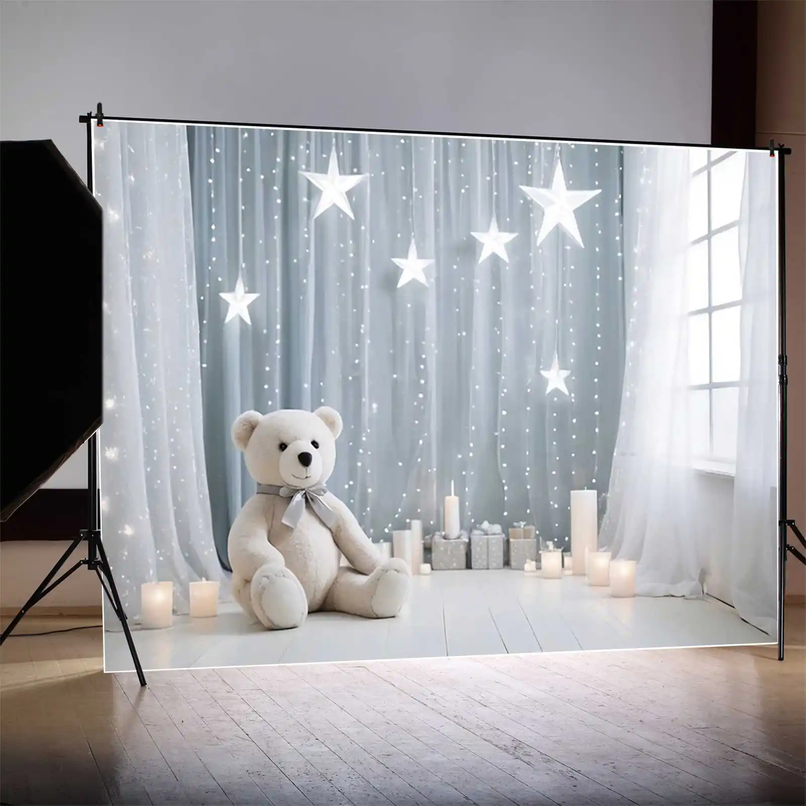 MOON.QG Teddy Bear Balloon One Birthday Backgrounds Boy Draping Cloth Blue White Star Backdrops Custom Party Photocall Supplies