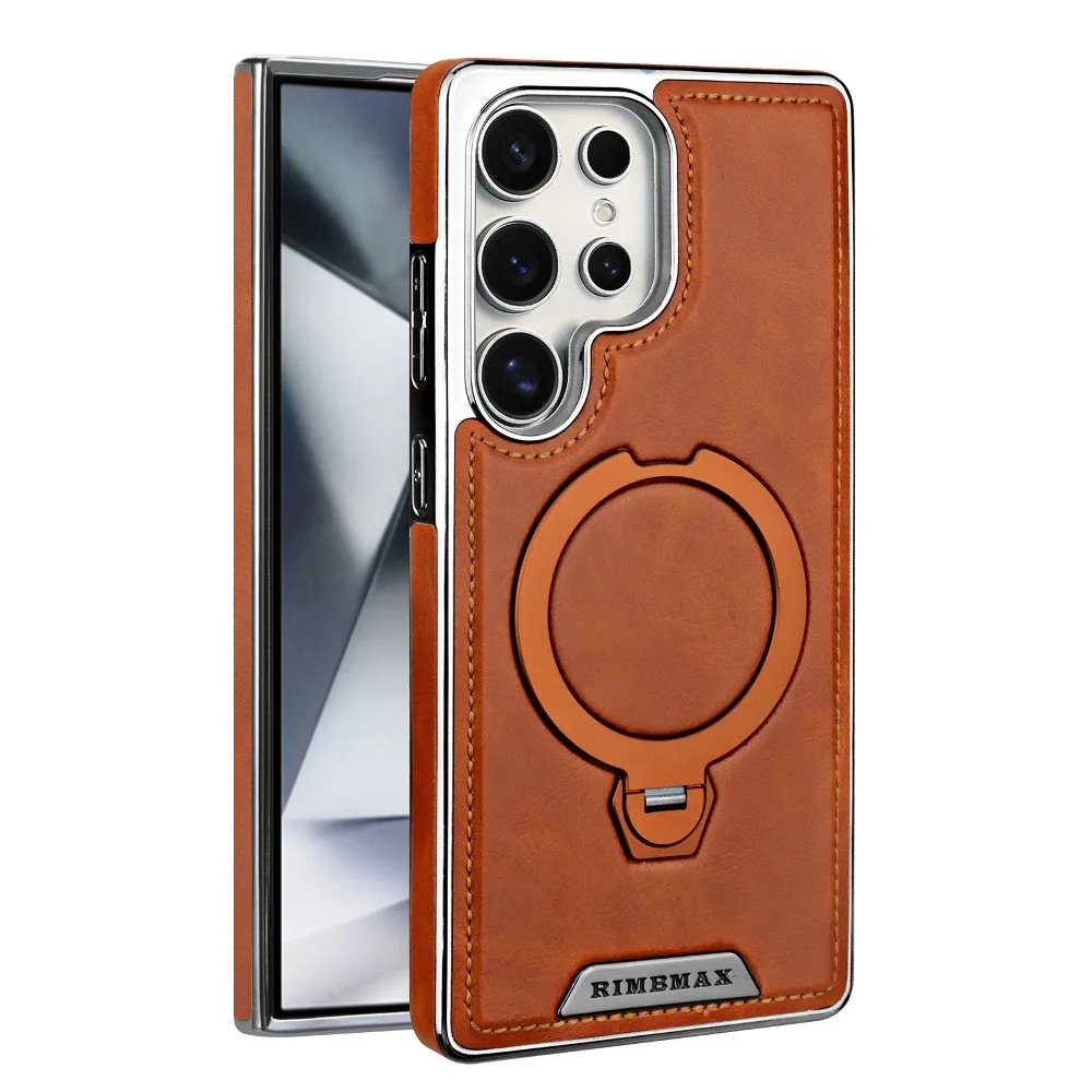 Magnetic Wireless Charging Leather Phone Case for Samsung Galaxy S25 S23 S24+ S26 Ultra with 360° Rotatable Ring Holder