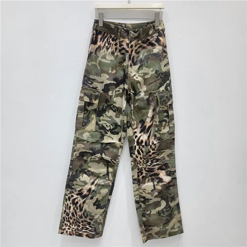 

2026 Spring/summer New American Camo Leopard Print Patchwork Multi-pocket Pants Relaxed Fit, Slimming, Straight Leg Trousers