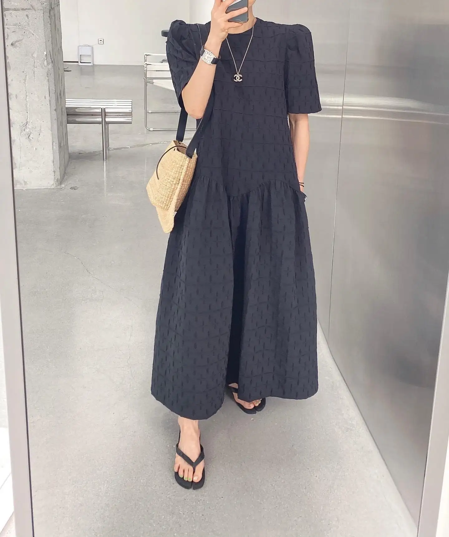 WTIANYUW Korean Fashin Chic Runway Designer  Women Summer Sweet Casual Loose O Neck Short Sleeve Big Swing Holiday Maxi Dress