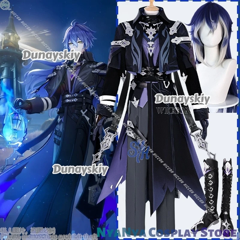 

Anime Game Genshin Impact Cosplay Kyryll Chudomirovich Flins 할로윈 코스튬 High Quality Goth Dark Purple Blue Uniform Wigs Halloween