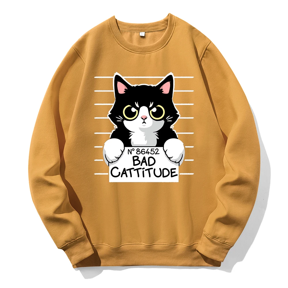 No86452 Bad Cattitude Funny Cat Printing Man Tracksuit Novelty Funny Tide Hoody Fashion Sports Street Hoodie Warm Fleece Hooded