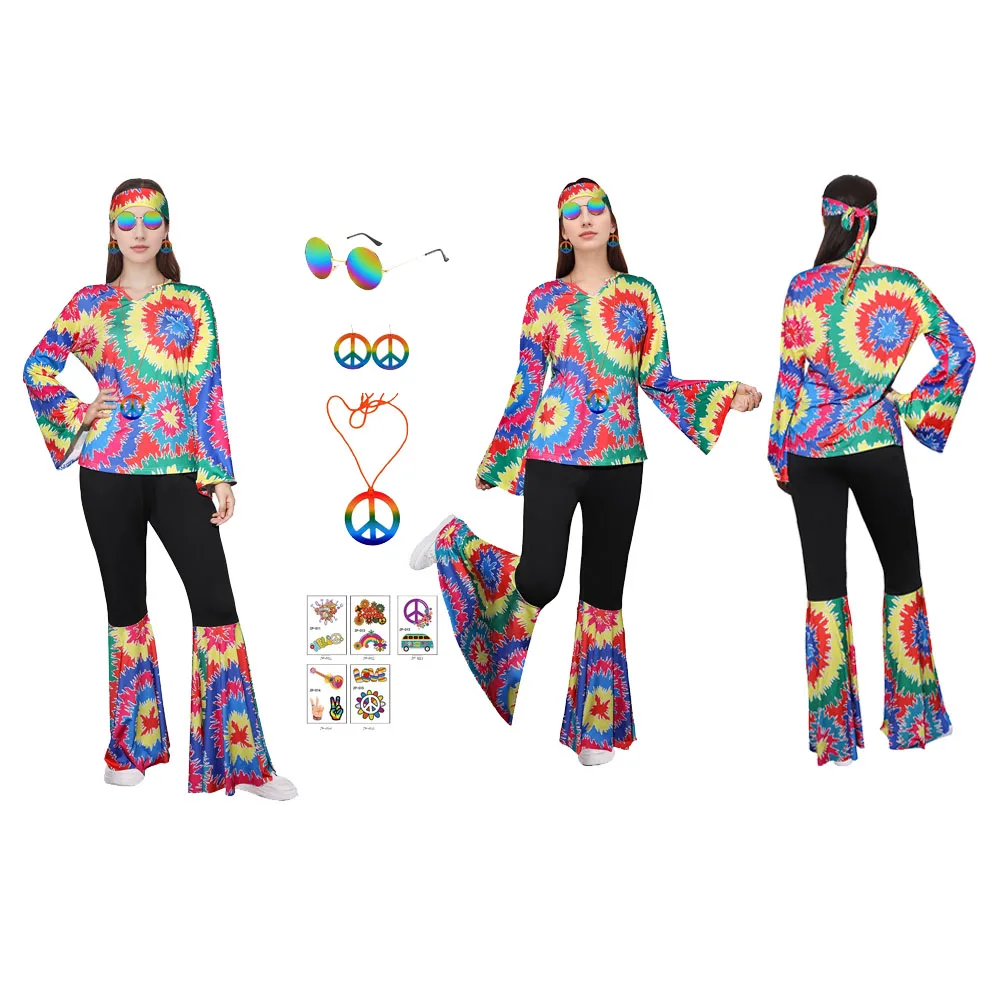 70s 80s Hippe Retro Medival Women Clothing Cosplay 7pcs/Set Costume Hip Hop Glasses Earrings Outfit Halloween Party Suit