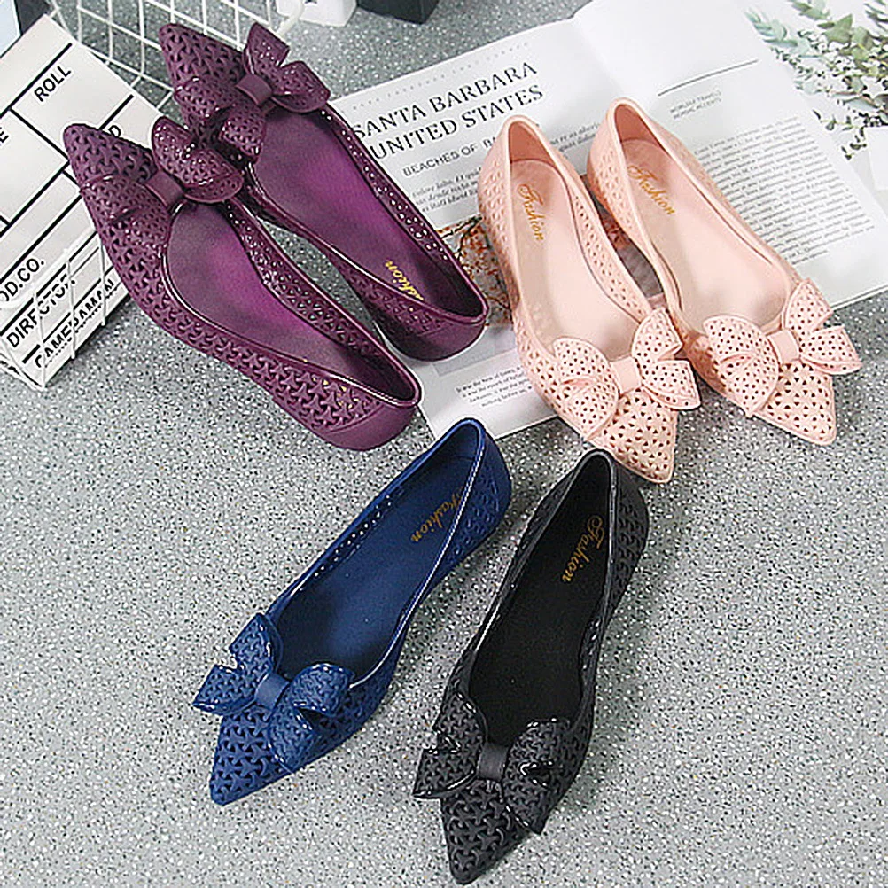 1 paar Spitz Frauen Schuhe Lila Größe 37 Aushöhlen Bowknot Flache Ferse Wasserdicht Casual Strand Sandalen Frauen Schuhe
