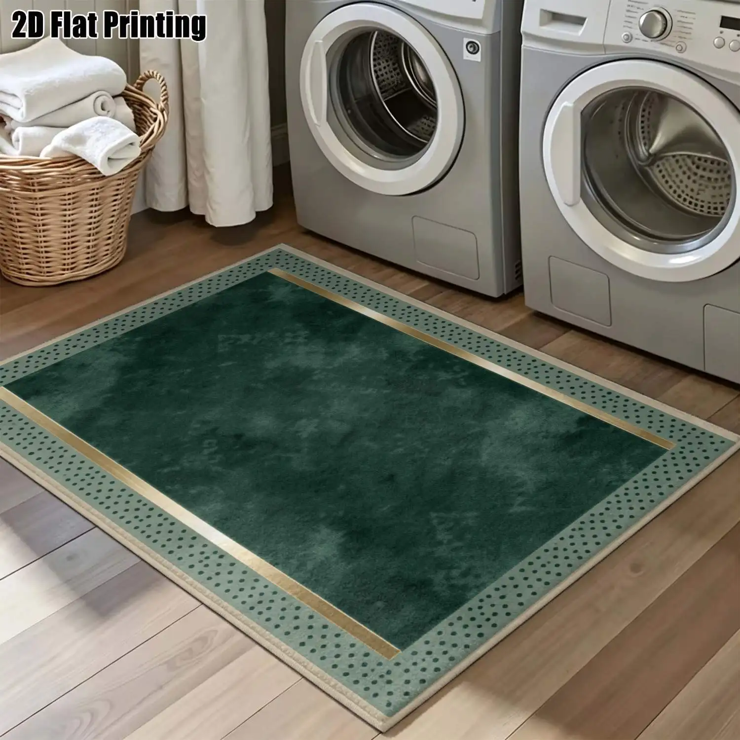 1Pc 2D Printed Carpet: Dark Green Gradient, Gold-Edged Border, Geometric Polka Dots, Versatile for Home Decor, Machine Washable, Multi-Size, Suitable for Entrance, Dining Room, Bedroom, Etc