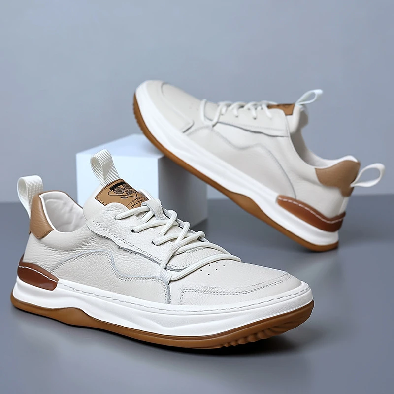 Mens Beige Genuine Leather Casual Sneakers Lace Up Comfortable Low Top Shoes With Brown Accent For Business Daily Street Style