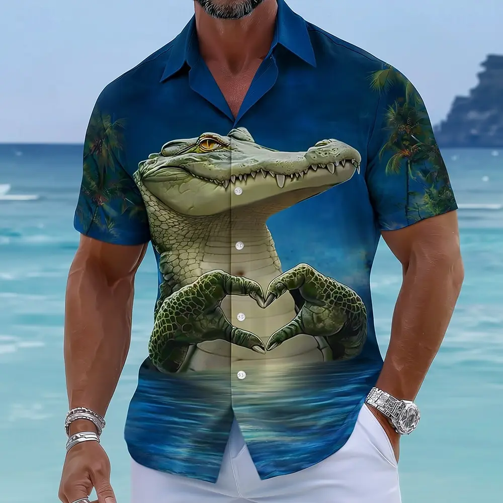 Men's Tropical Aloha Hawaiian Shirt Animal Crocodile Heart 3D Print Short Sleeve Button Up Funny Tops for Vacation in Summer