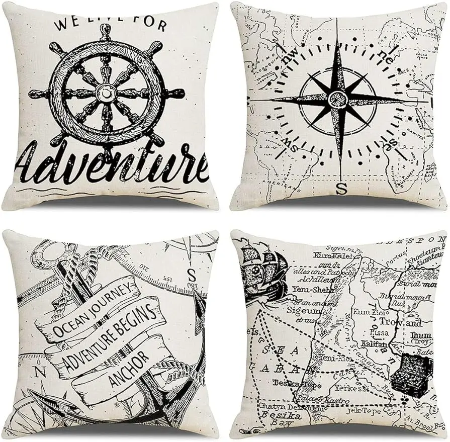 Nautical décor pillowcase compass and anchor cushion cover Marine style home décor linen pillowcase 45X45cm