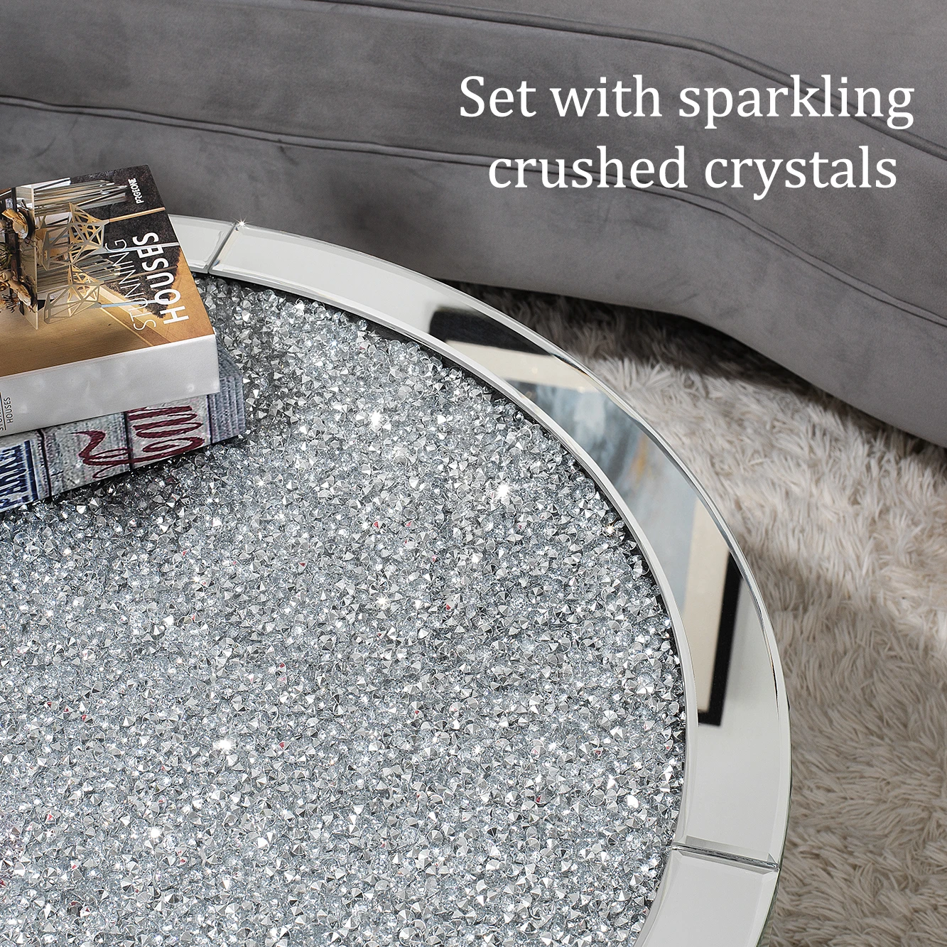 Mirrored Coffee Table with Crystal Inlay, 31.5'' Modern Round Coffee Table with Mirror Surface, Silver Accent Table