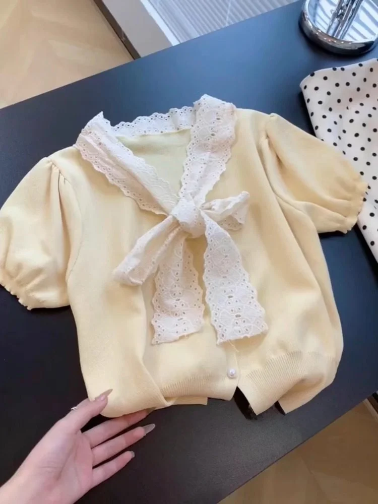 

Ele Knot Light Yellow Bubble Sve Top Women's Summer New Ice Silk Knitted ort Sve V-ne Loose Fit Casua...