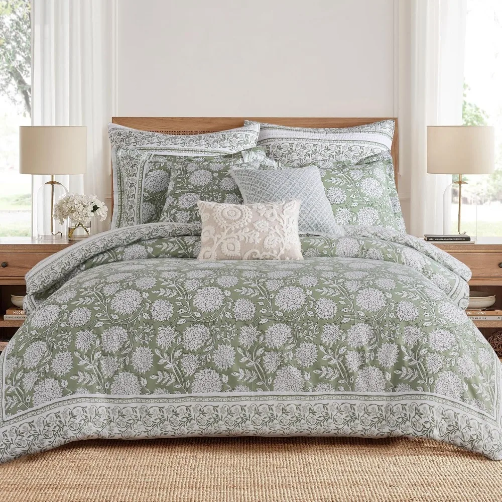 Reversible King Comforter Set 106x94in with 2 Shams 36x20in Floral Sage White Cotton