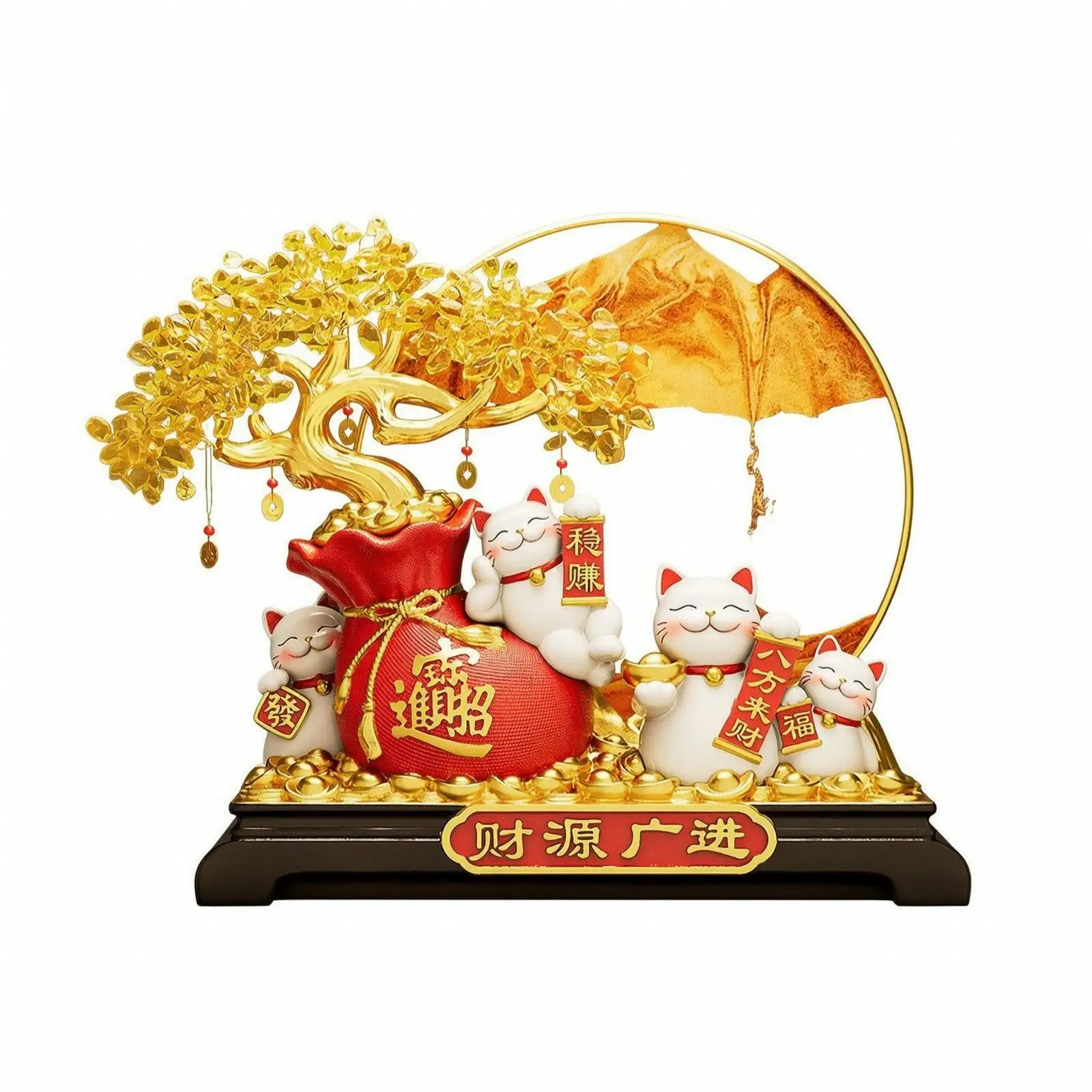 Fortune Cat Statue with Gold Frame Auspicious Fortune Cat Ornament Golden Welcoming Ornament for Business Owners, Cashier