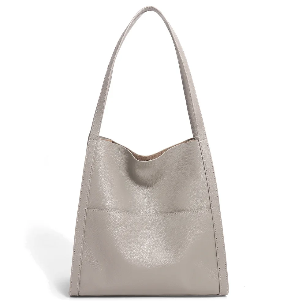 Commuter Tote Bag Women's Soft Cowhide Leather Large-capacity Bucket Bag Female Solid Color Premium Casual Shoulder Handbag image 3