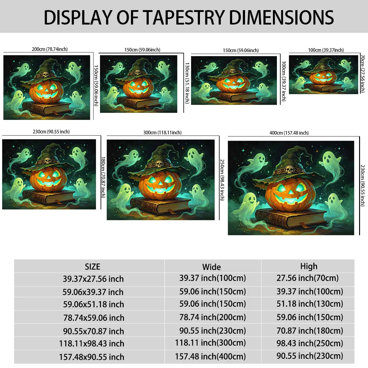 Halloween Glowing Pumpkin Witch Hat Tapestry Ghost Spooky Night Wall Hanging Gothic Holiday Decor Free Accessories Included