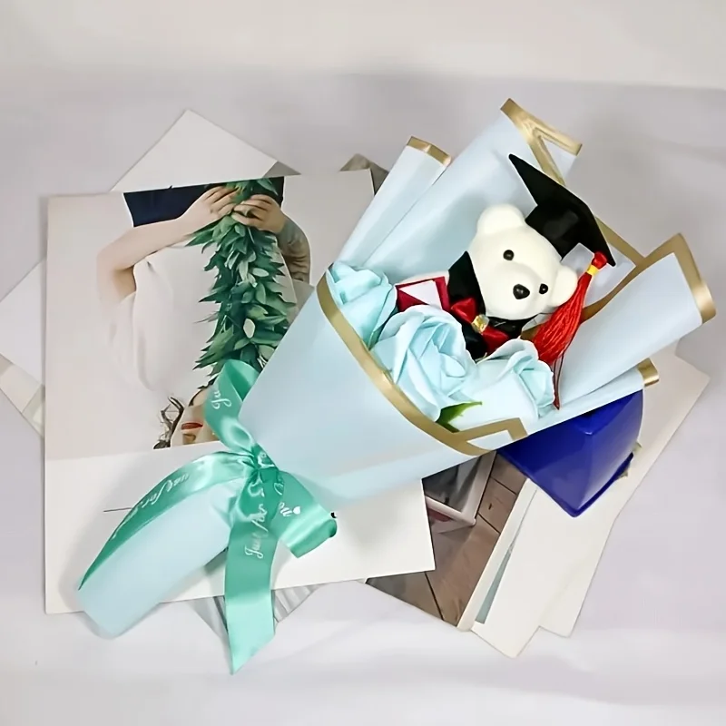 1 هدية إبداعية للتخرج دكتوراه الدب ثلاثة وردات باقة عباد الشمس، مناسبة لعيد الحب، عيد الأم، عيد المعلم