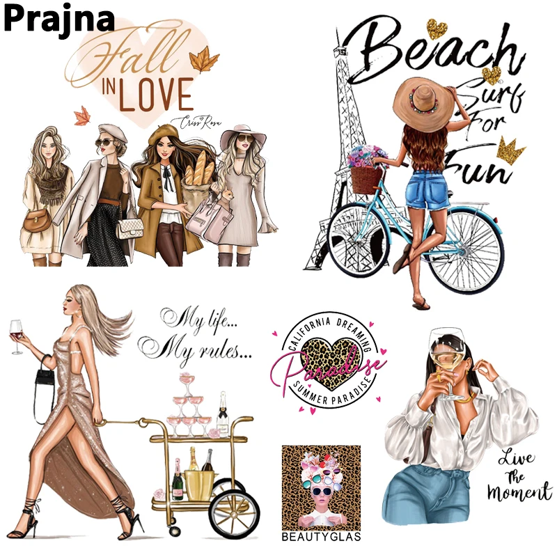 Bicycle Girl Iron-On Transfers DIY Patches For Clothing Summer Style Applique Fashion Sexy Girl Heat Transfer Cartoon Stickers